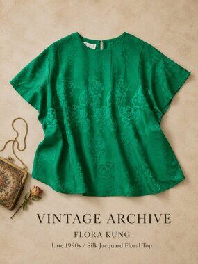 Flora Kung Emerald Green Silk Jacquard Floral Blouse Top 12